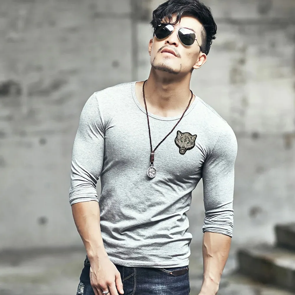 Fashion Men's T-Shirt with Long Sleeve / Cotton O Neck T-Shirt / Slim T-shirt Wolf Embroidery