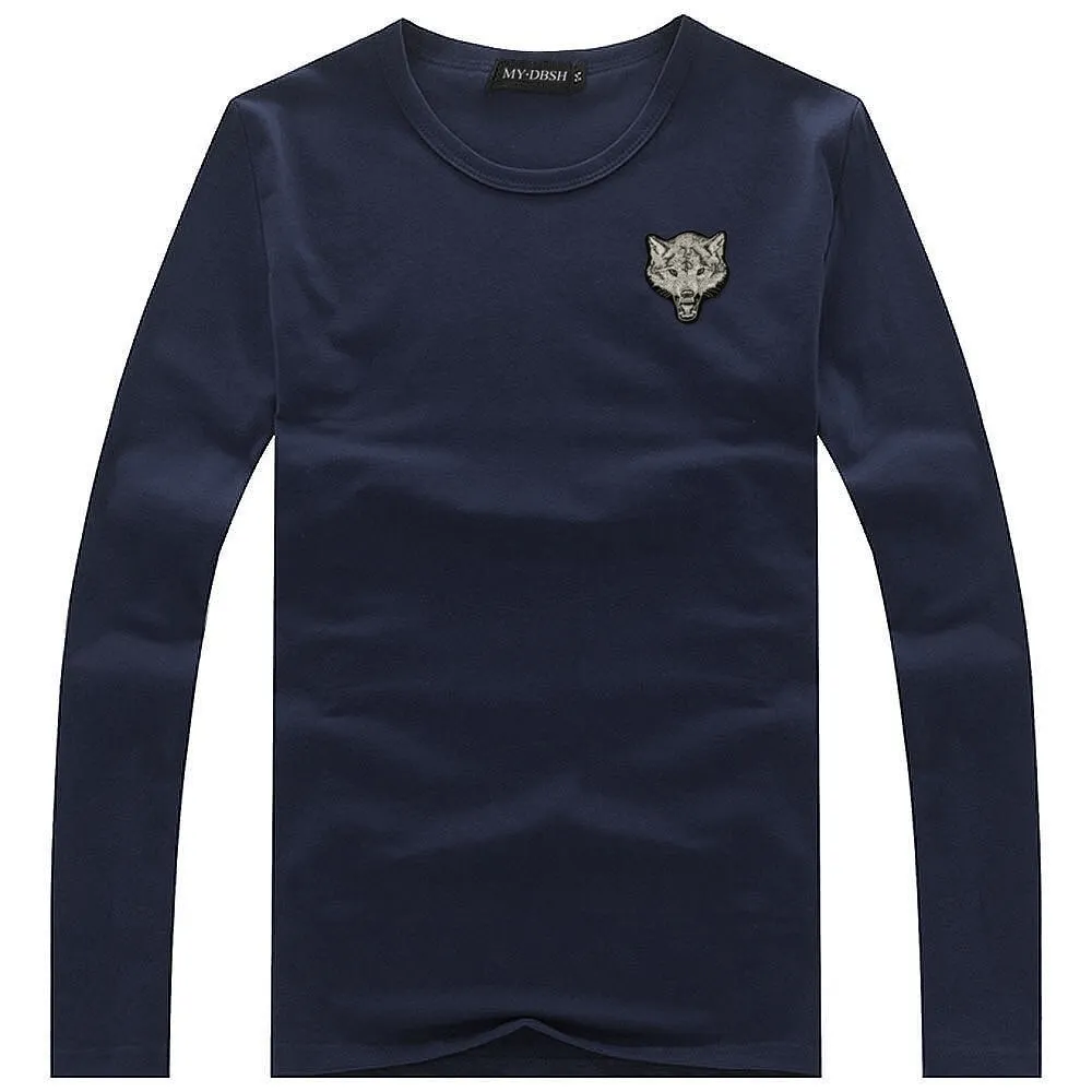 Fashion Men's T-Shirt with Long Sleeve / Cotton O Neck T-Shirt / Slim T-shirt Wolf Embroidery