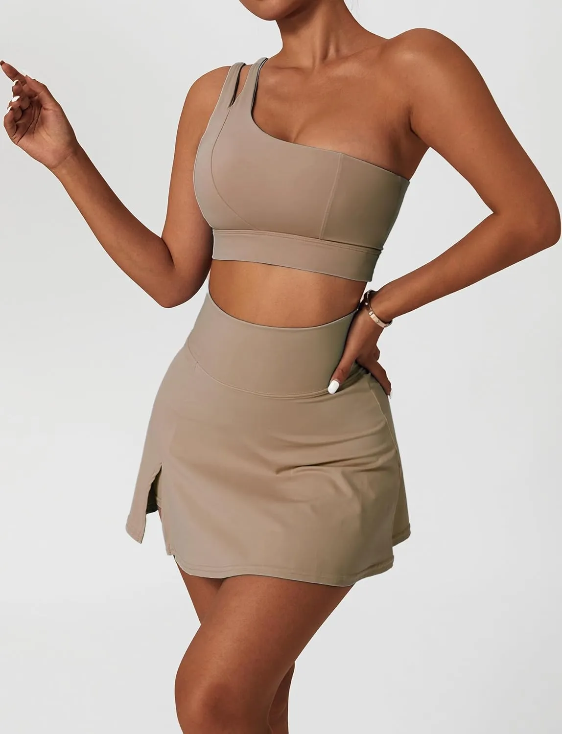 FEOYA Women's Tennis Golf Skirt with Slit High Waisted A-Line Athletic Skort with Built-in Shorts Tummy Control