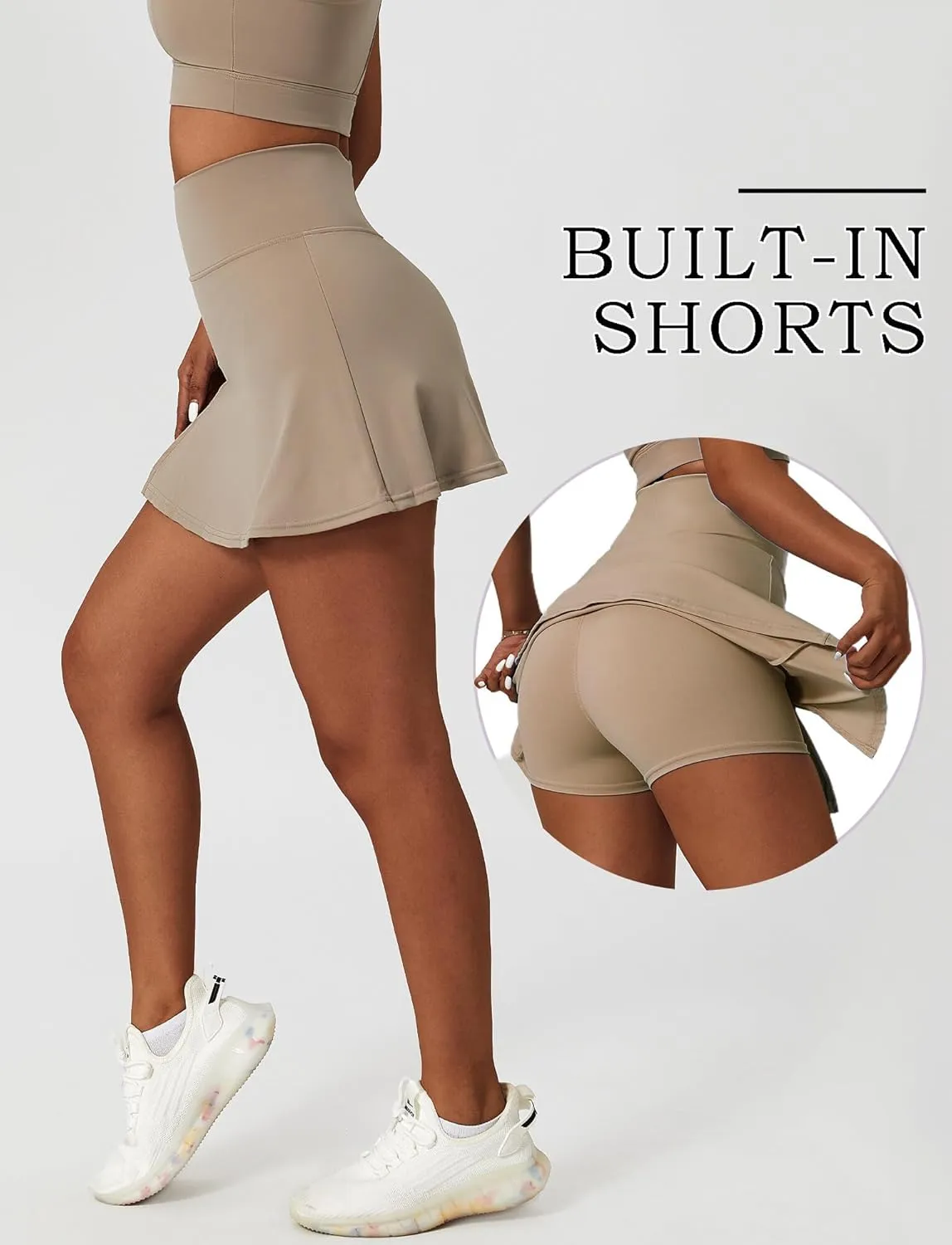 FEOYA Women's Tennis Golf Skirt with Slit High Waisted A-Line Athletic Skort with Built-in Shorts Tummy Control
