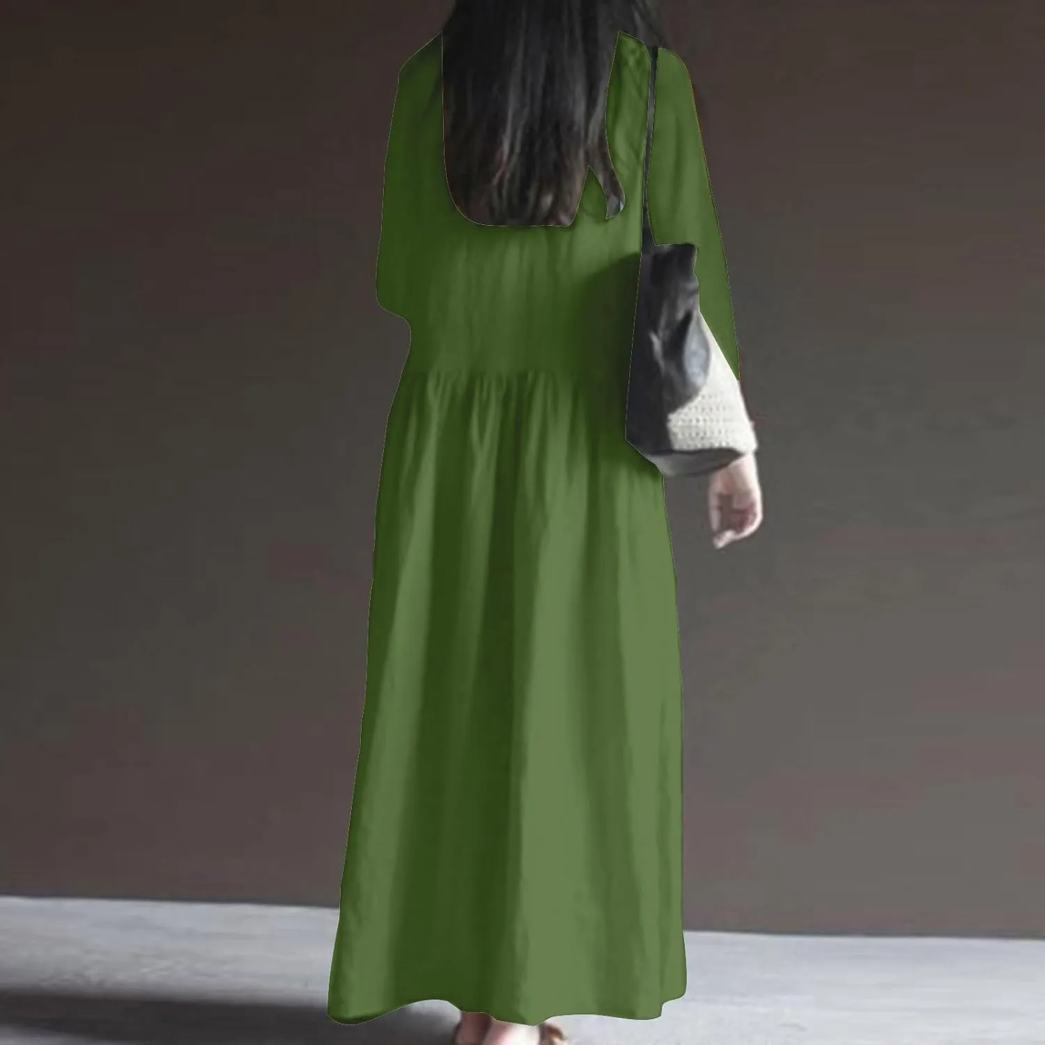 Finelylove Womens Casual Summer Maxi Dress Bohemian Cotton Linen Dresses 3/4 Sleeve Flowy Long Beach Dress Ruffled Sundress