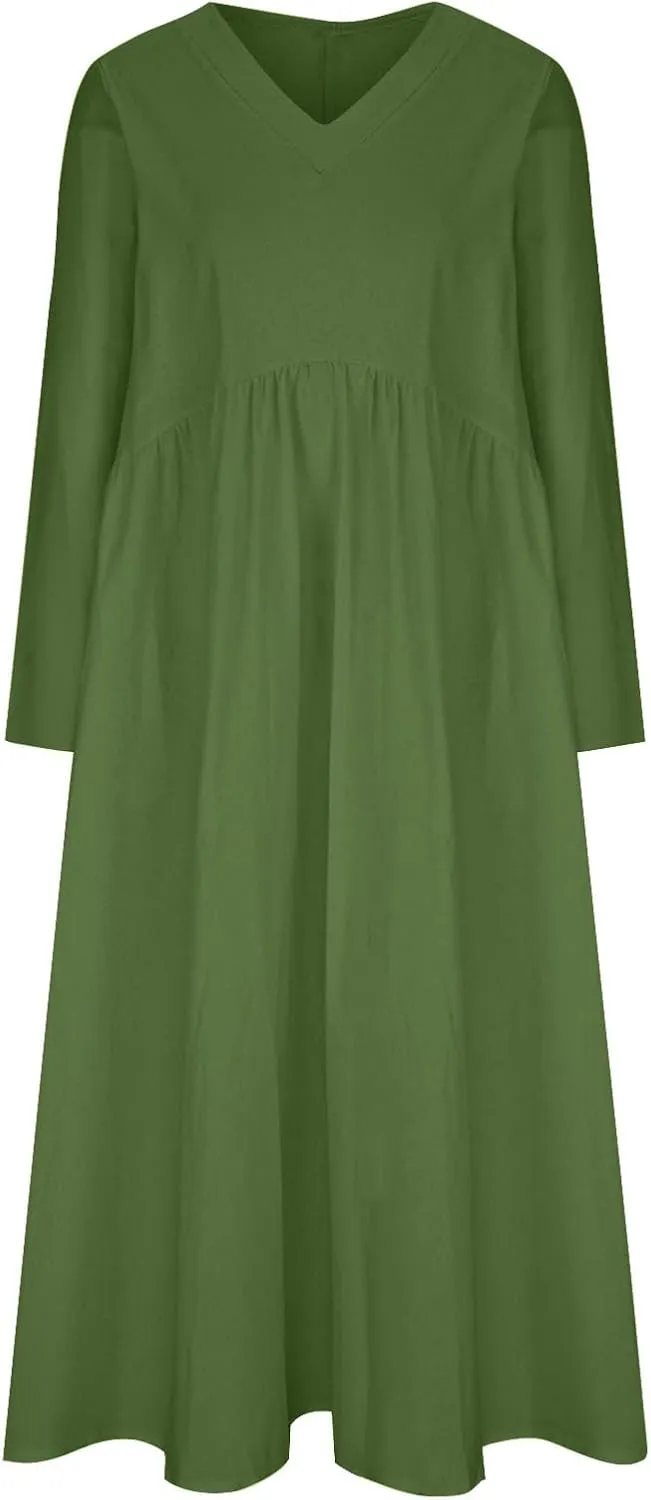 Finelylove Womens Casual Summer Maxi Dress Bohemian Cotton Linen Dresses 3/4 Sleeve Flowy Long Beach Dress Ruffled Sundress
