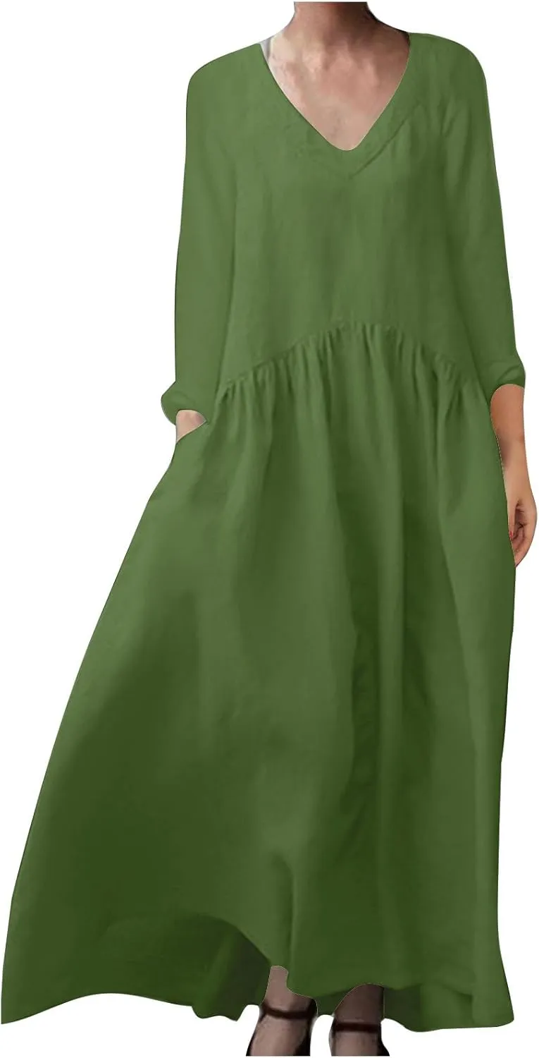 Finelylove Womens Casual Summer Maxi Dress Bohemian Cotton Linen Dresses 3/4 Sleeve Flowy Long Beach Dress Ruffled Sundress