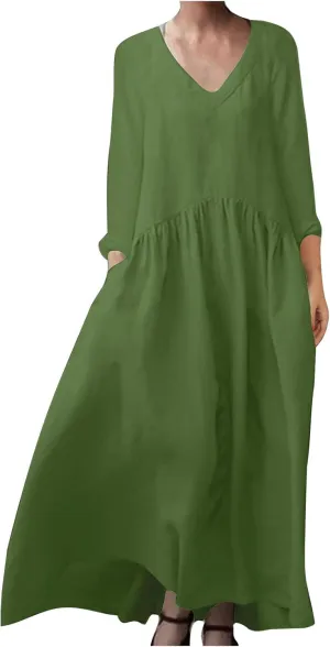 Finelylove Womens Casual Summer Maxi Dress Bohemian Cotton Linen Dresses 3/4 Sleeve Flowy Long Beach Dress Ruffled Sundress
