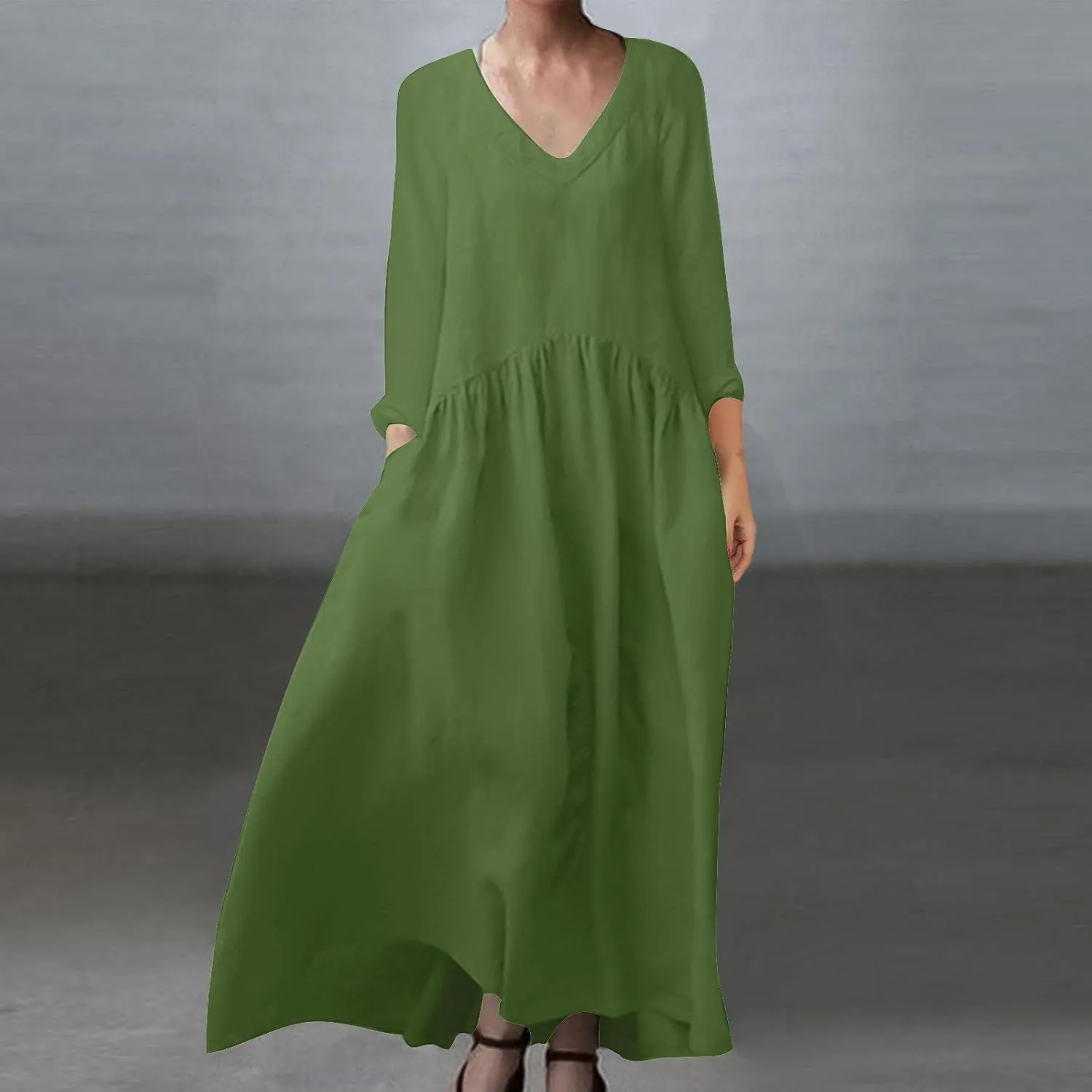 Finelylove Womens Casual Summer Maxi Dress Bohemian Cotton Linen Dresses 3/4 Sleeve Flowy Long Beach Dress Ruffled Sundress