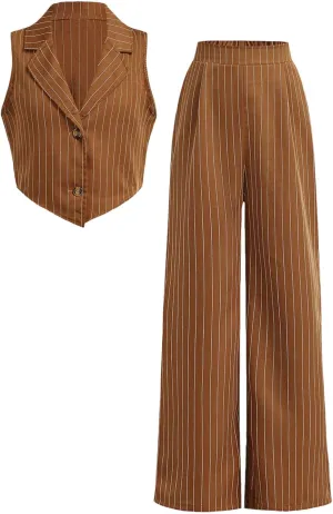 Floerns Girl's 2 Piece Outfits Elegant Striped Sleeveless Suit Vest & Long Elastic Casual Pants Set