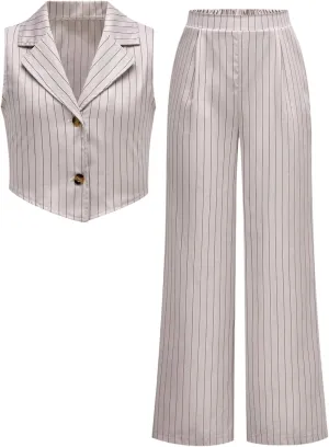 Floerns Girl's 2 Piece Outfits Elegant Striped Sleeveless Suit Vest & Long Elastic Casual Pants Set