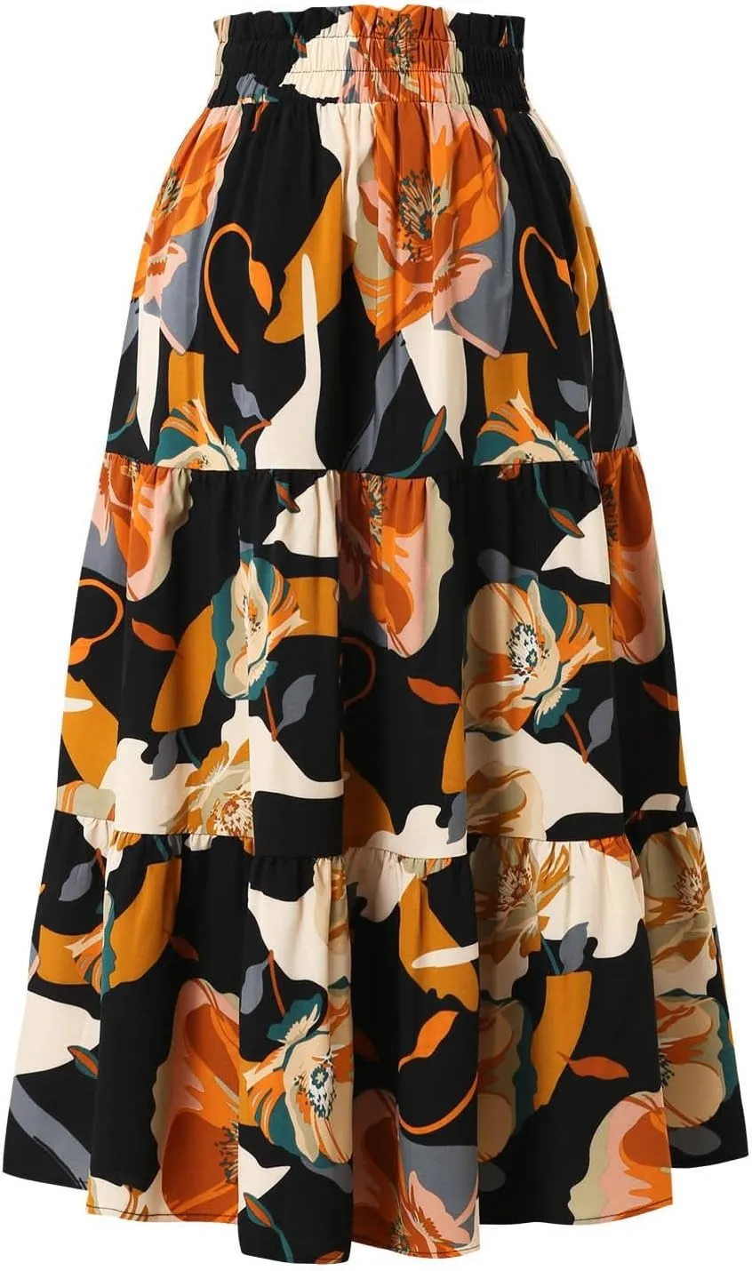 Floral Maxi Skirts for Women Summer Pleated Long Flowy Skirt Casual Elastic Waist Tiered A Line Boho Skirt Vacation