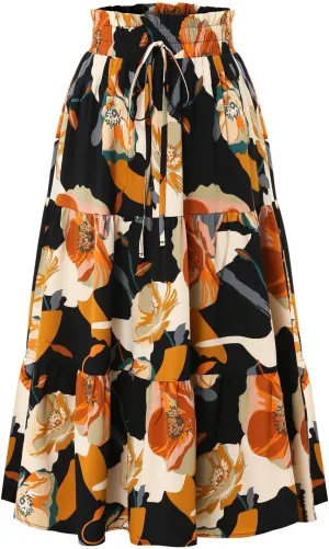 Floral Maxi Skirts for Women Summer Pleated Long Flowy Skirt Casual Elastic Waist Tiered A Line Boho Skirt Vacation