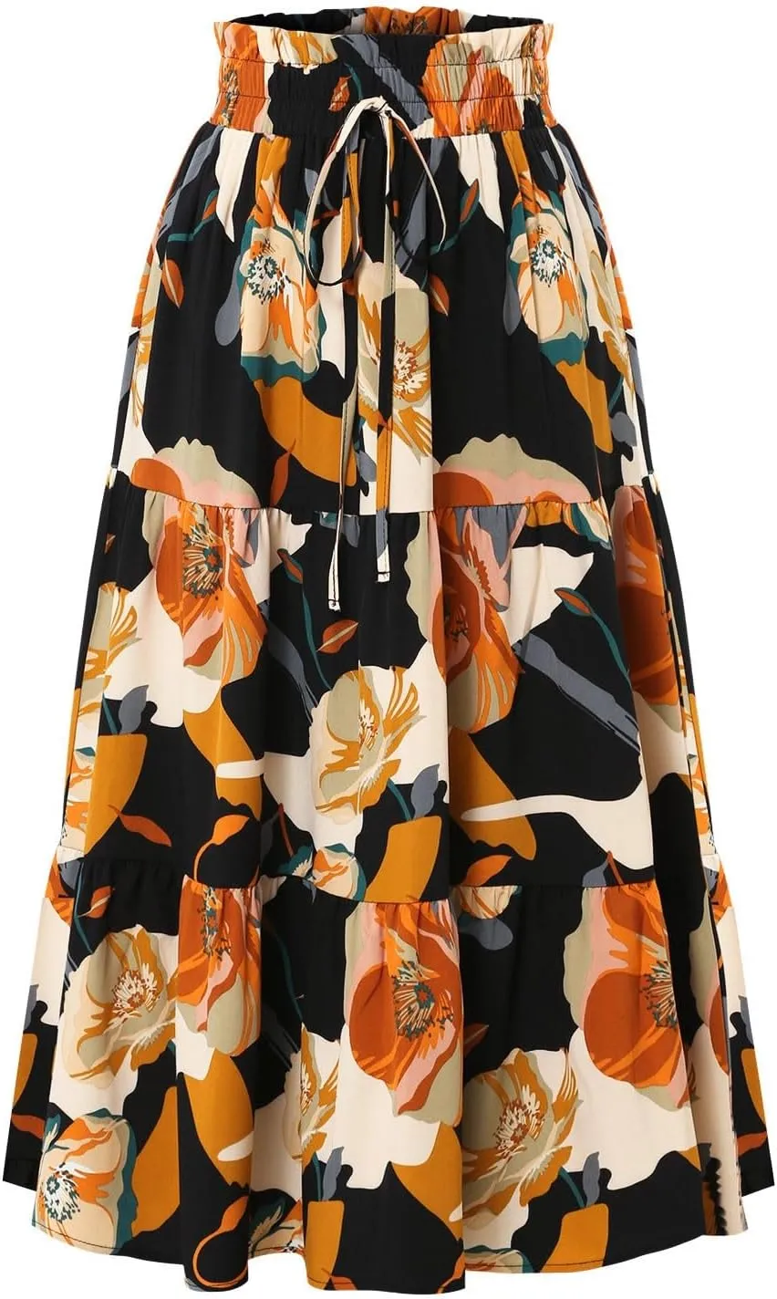 Floral Maxi Skirts for Women Summer Pleated Long Flowy Skirt Casual Elastic Waist Tiered A Line Boho Skirt Vacation
