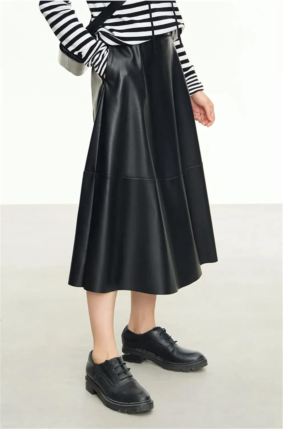 Fnfmrfmr Women's Faux Leather High Waist Skirts Solid Pleated Flare Midi Skirt with Pocket