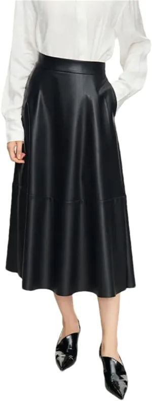 Fnfmrfmr Women's Faux Leather High Waist Skirts Solid Pleated Flare Midi Skirt with Pocket