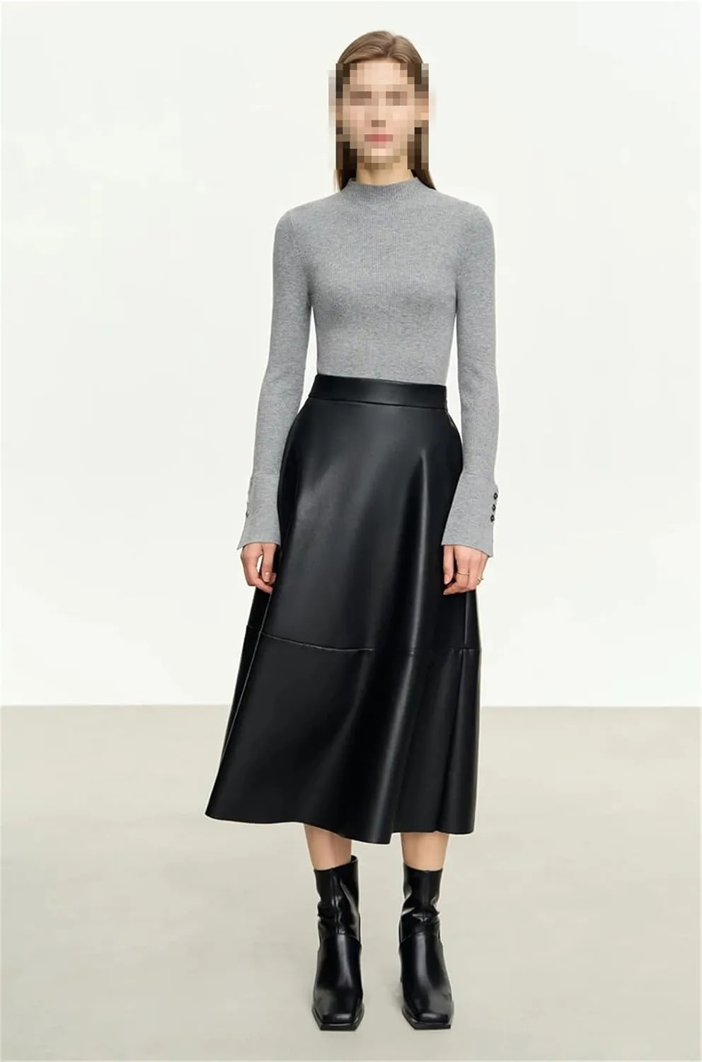 Fnfmrfmr Women's Faux Leather High Waist Skirts Solid Pleated Flare Midi Skirt with Pocket