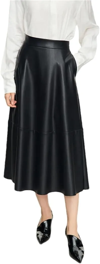 Fnfmrfmr Women's Faux Leather High Waist Skirts Solid Pleated Flare Midi Skirt with Pocket