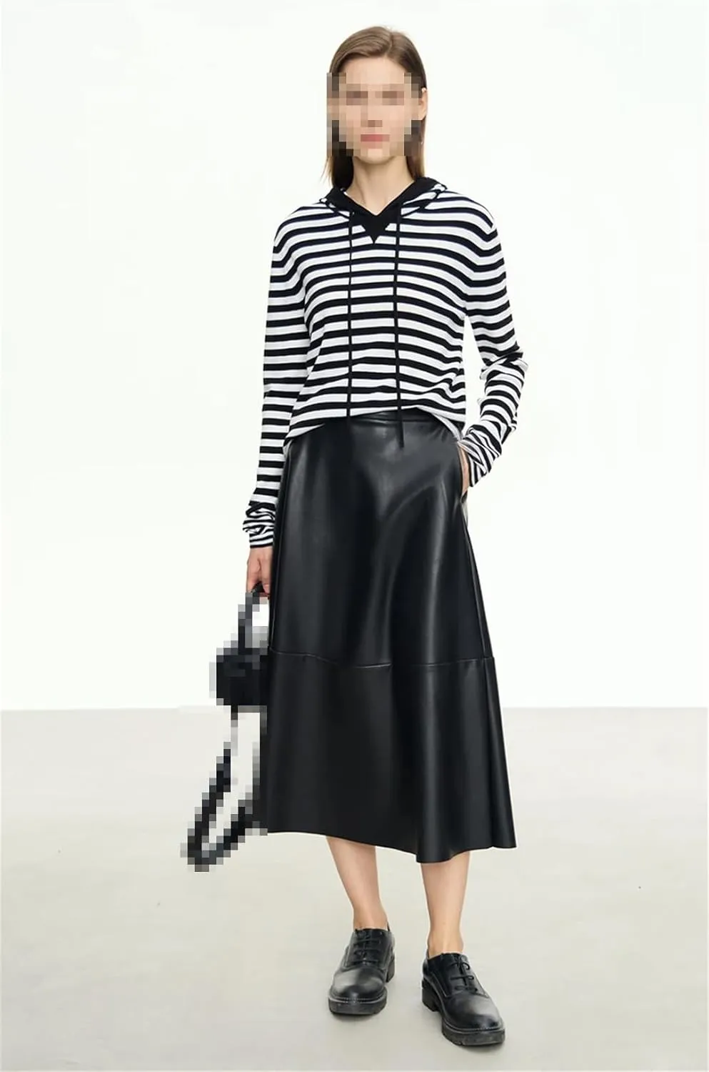 Fnfmrfmr Women's Faux Leather High Waist Skirts Solid Pleated Flare Midi Skirt with Pocket