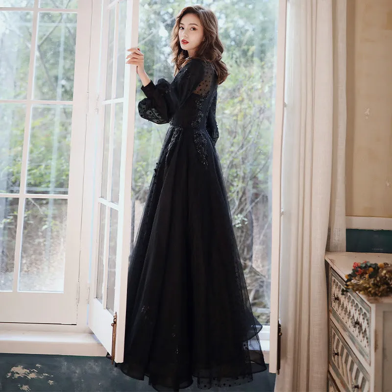 French Style Black Long Prom Dress Long Sleeves Evening Party Dress 198
