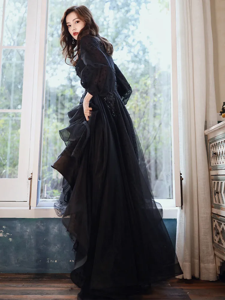 French Style Black Long Prom Dress Long Sleeves Evening Party Dress 198