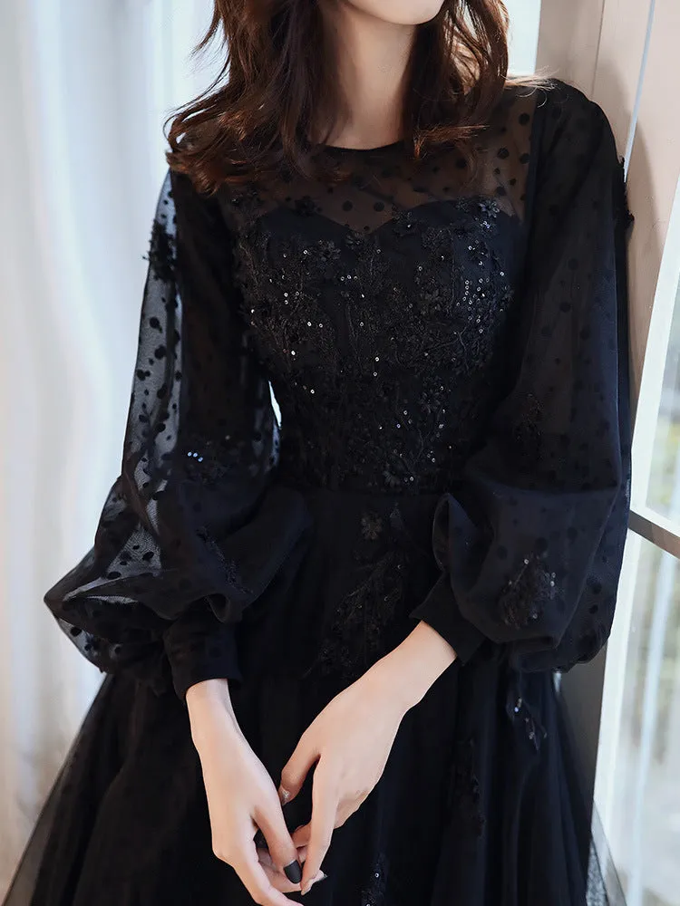 French Style Black Long Prom Dress Long Sleeves Evening Party Dress 198