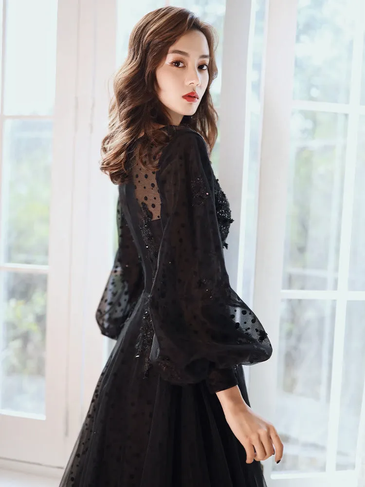 French Style Black Long Prom Dress Long Sleeves Evening Party Dress 198