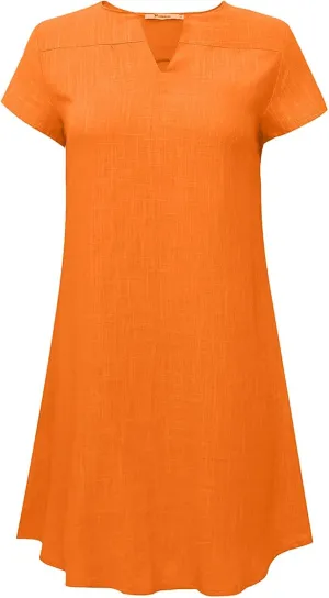 FZYLQY Casual Womens Tunic Dresses Short Sleeve Linen V Neck Loose Fit Comfy Mini Dress Trendy Summer Beach Sundresses