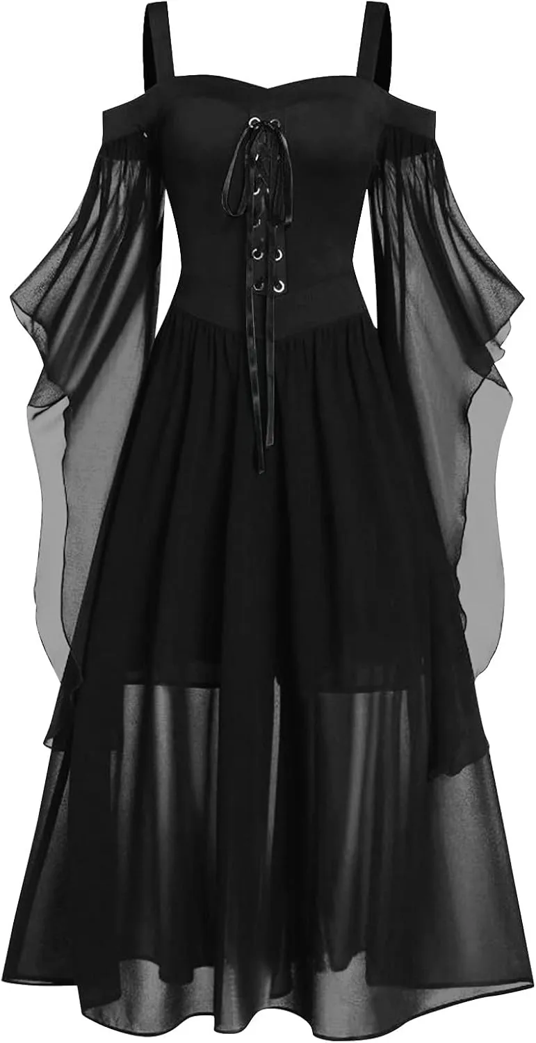 Gothic Plus Size Flared Sleeve Dress - Sexy Lace Up Medieval Cold Shoulder Dress for Women's Halloween