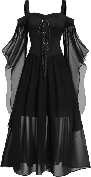 Gothic Plus Size Flared Sleeve Dress - Sexy Lace Up Medieval Cold Shoulder Dress for Women's Halloween