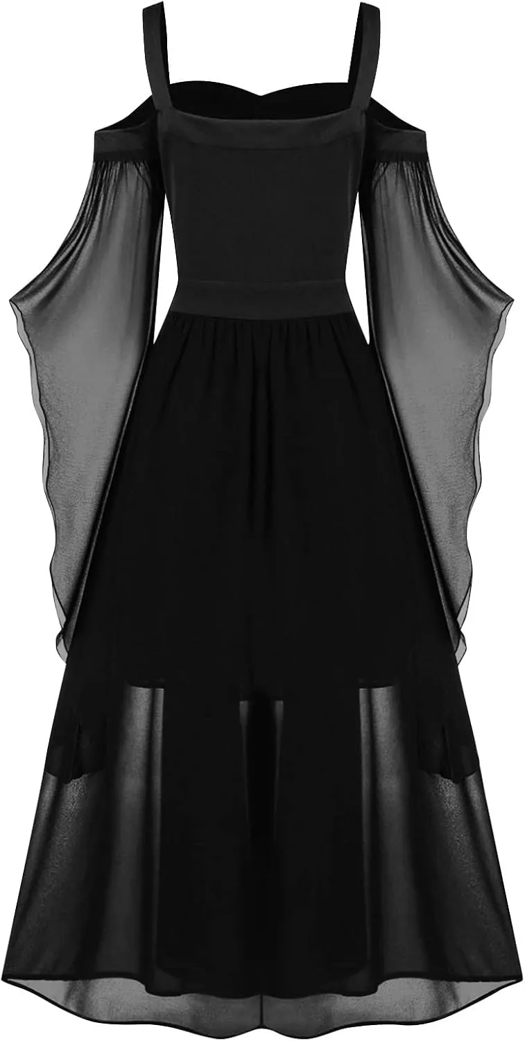 Gothic Plus Size Flared Sleeve Dress - Sexy Lace Up Medieval Cold Shoulder Dress for Women's Halloween