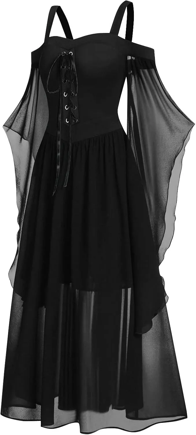 Gothic Plus Size Flared Sleeve Dress - Sexy Lace Up Medieval Cold Shoulder Dress for Women's Halloween
