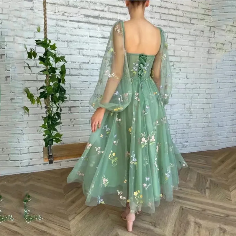 Green Long Sleeves Embroidery Flowers Tulle Prom Dress Homecoming Dress  1645