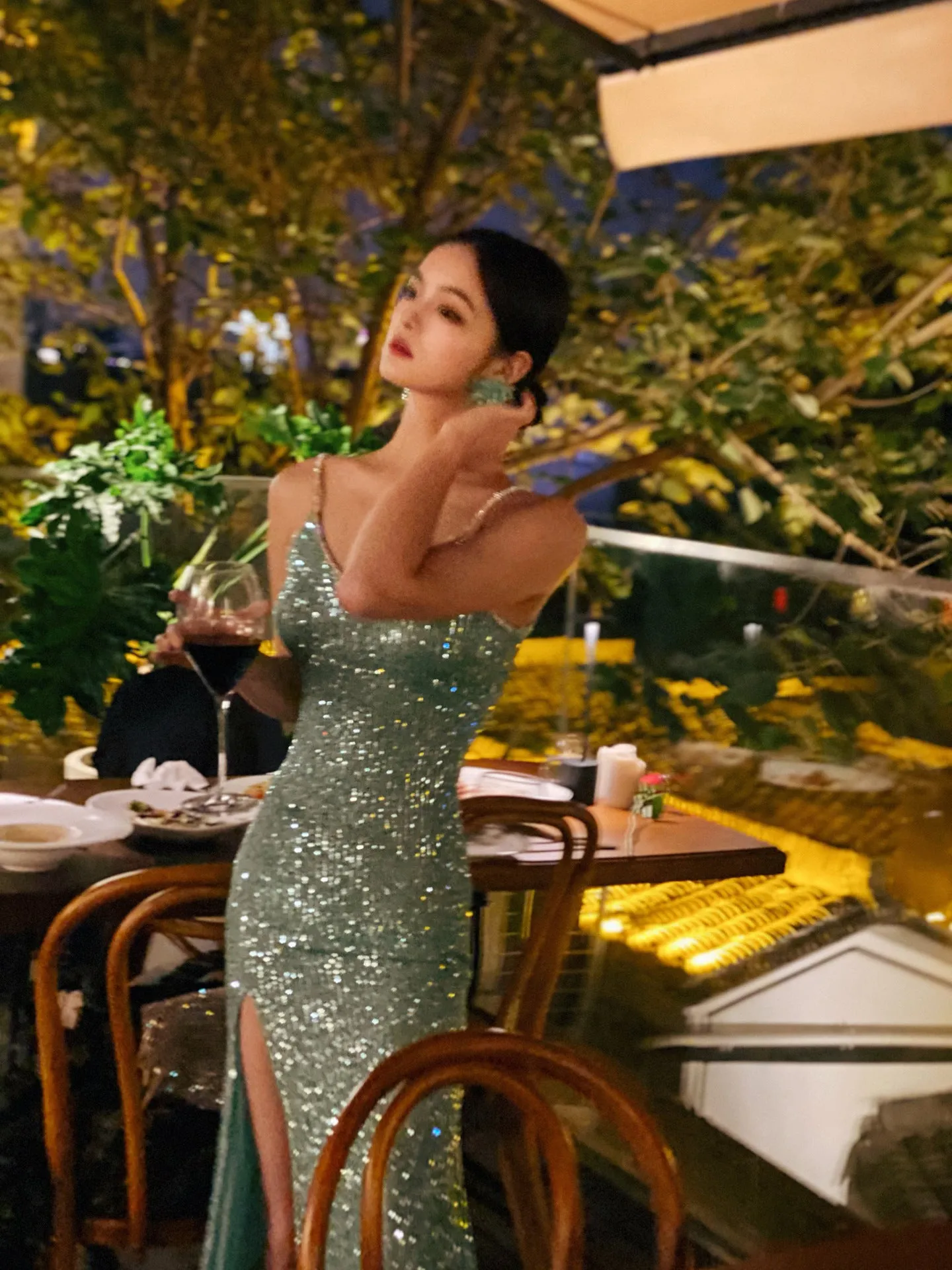 Green Sequins Spaghetti Strap Long Prom Dress with Slit Evening Formal Gown 503