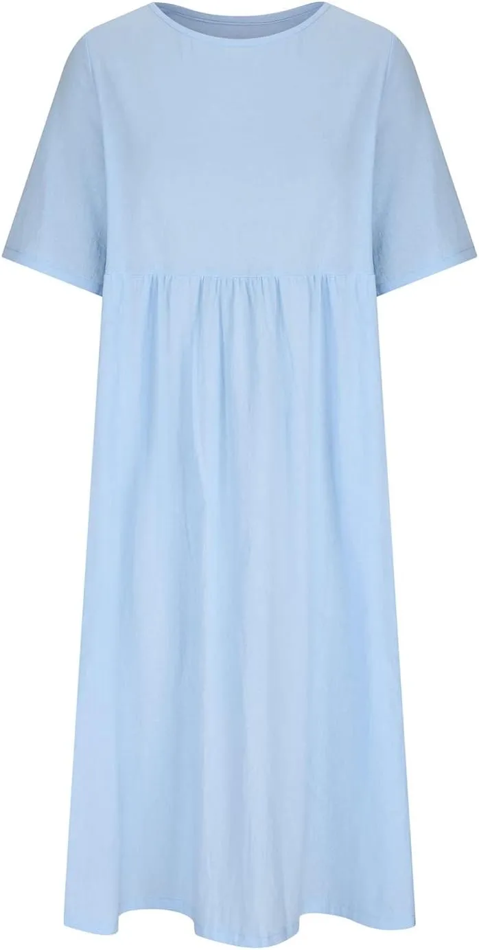 Half Sleeve Cotton Linen A-Line Dress Women Crewneck Casual Loose Midi Dress Summer High Waist Modest Flowy Dresses