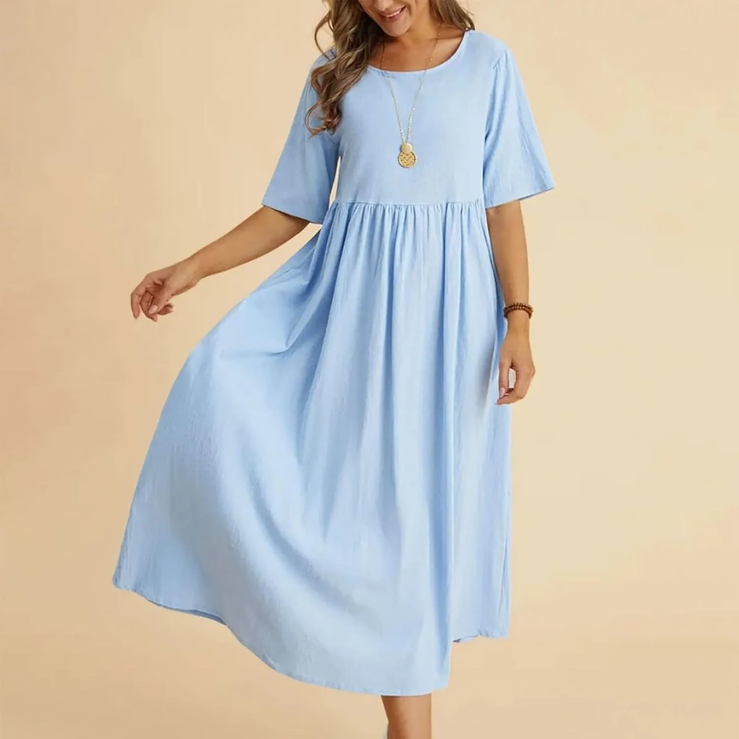 Half Sleeve Cotton Linen A-Line Dress Women Crewneck Casual Loose Midi Dress Summer High Waist Modest Flowy Dresses