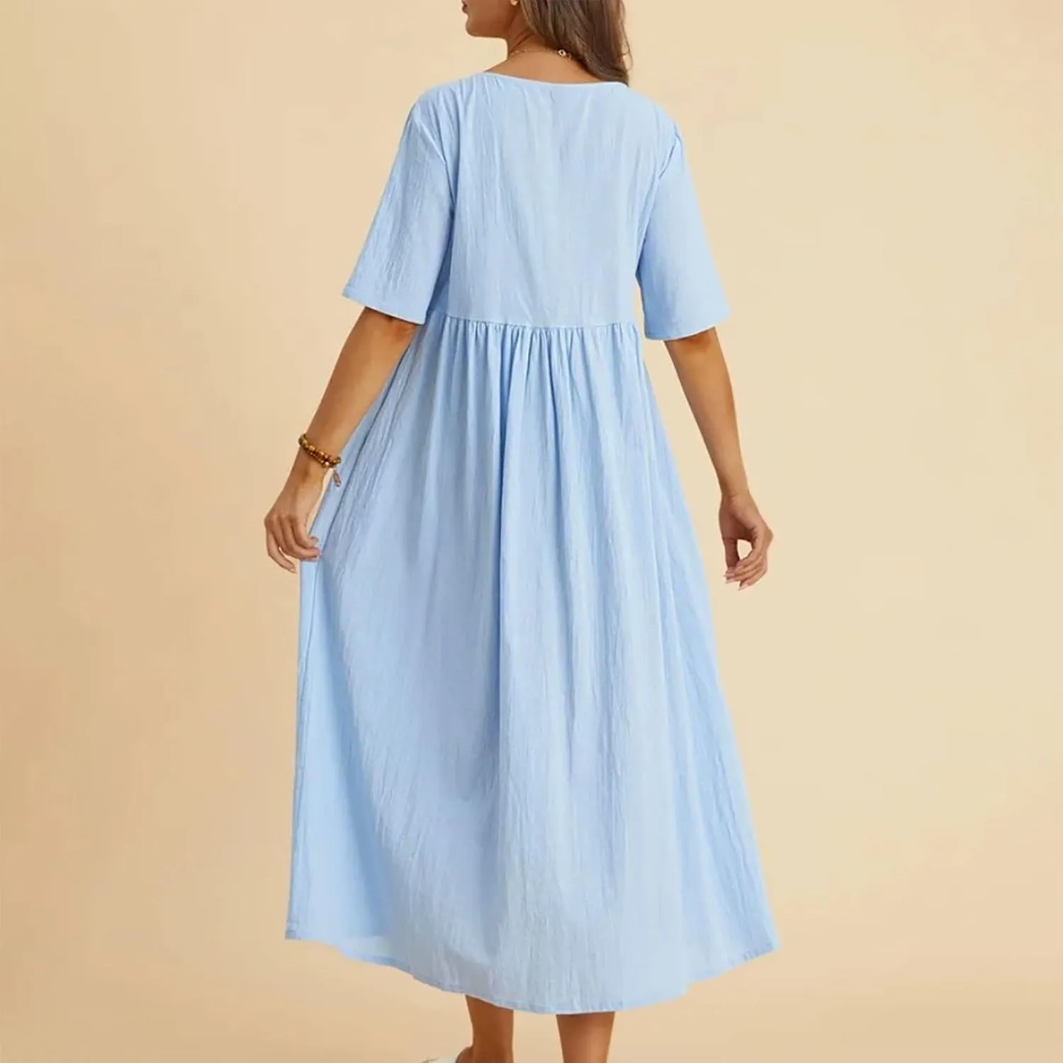 Half Sleeve Cotton Linen A-Line Dress Women Crewneck Casual Loose Midi Dress Summer High Waist Modest Flowy Dresses