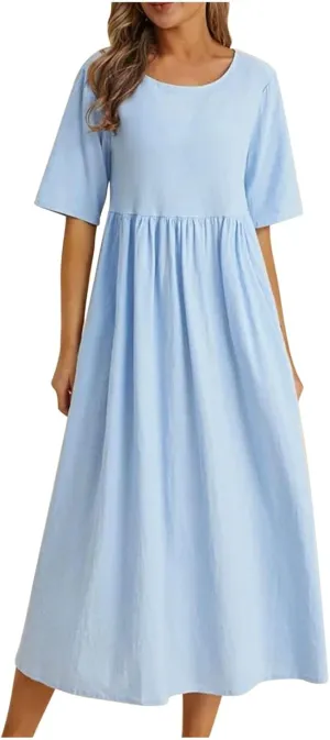 Half Sleeve Cotton Linen A-Line Dress Women Crewneck Casual Loose Midi Dress Summer High Waist Modest Flowy Dresses