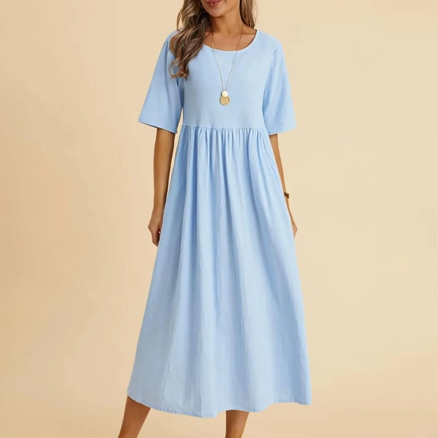 Half Sleeve Cotton Linen A-Line Dress Women Crewneck Casual Loose Midi Dress Summer High Waist Modest Flowy Dresses