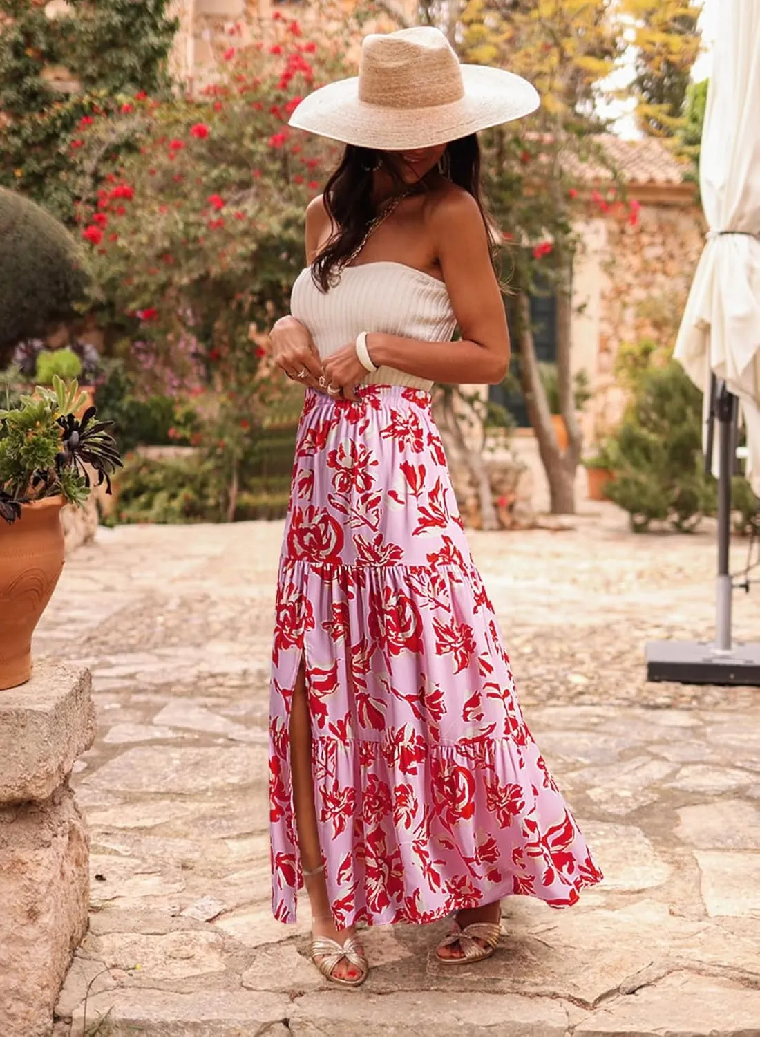 Happy Sailed Skirts for Women Spring Summer Boho Floral Print High Waist Flowy Split A Line Maxi Skirt with Pockets