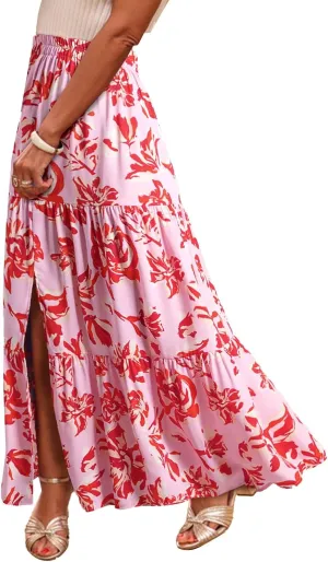 Happy Sailed Skirts for Women Spring Summer Boho Floral Print High Waist Flowy Split A Line Maxi Skirt with Pockets