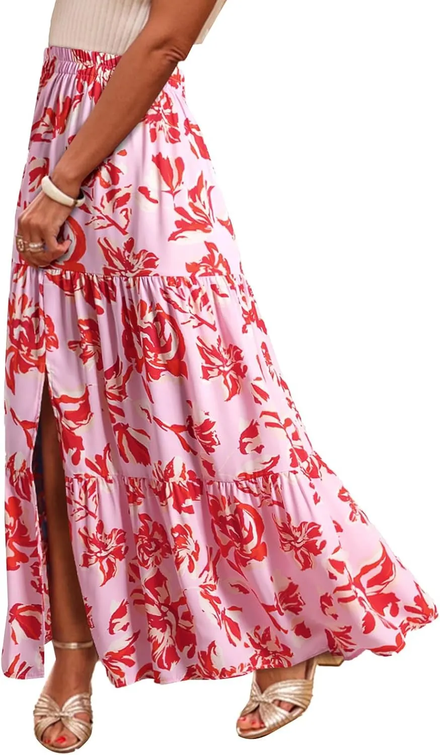 Happy Sailed Skirts for Women Spring Summer Boho Floral Print High Waist Flowy Split A Line Maxi Skirt with Pockets