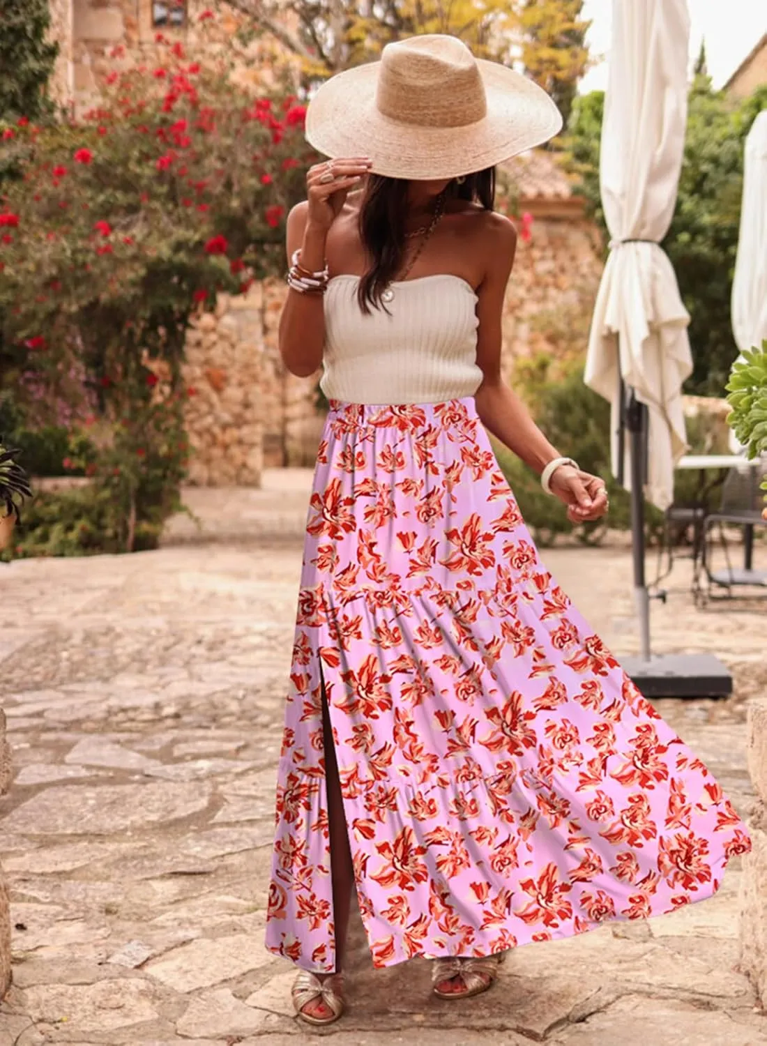 Happy Sailed Skirts for Women Spring Summer Boho Floral Print High Waist Flowy Split A Line Maxi Skirt with Pockets