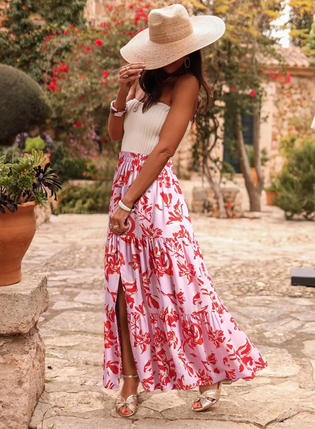 Happy Sailed Skirts for Women Spring Summer Boho Floral Print High Waist Flowy Split A Line Maxi Skirt with Pockets