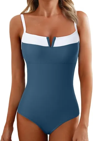 Herseas Women's V Wire One Piece Swimsuit Color Block Patchwork Bathing Suit