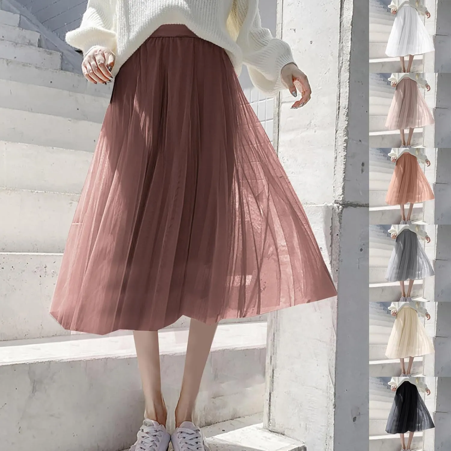 HGps8w Women's Layered Tulle Skirts Elastic High Waist Pleated Mesh Flowy A-Line Party Midi Long Dance Skirts