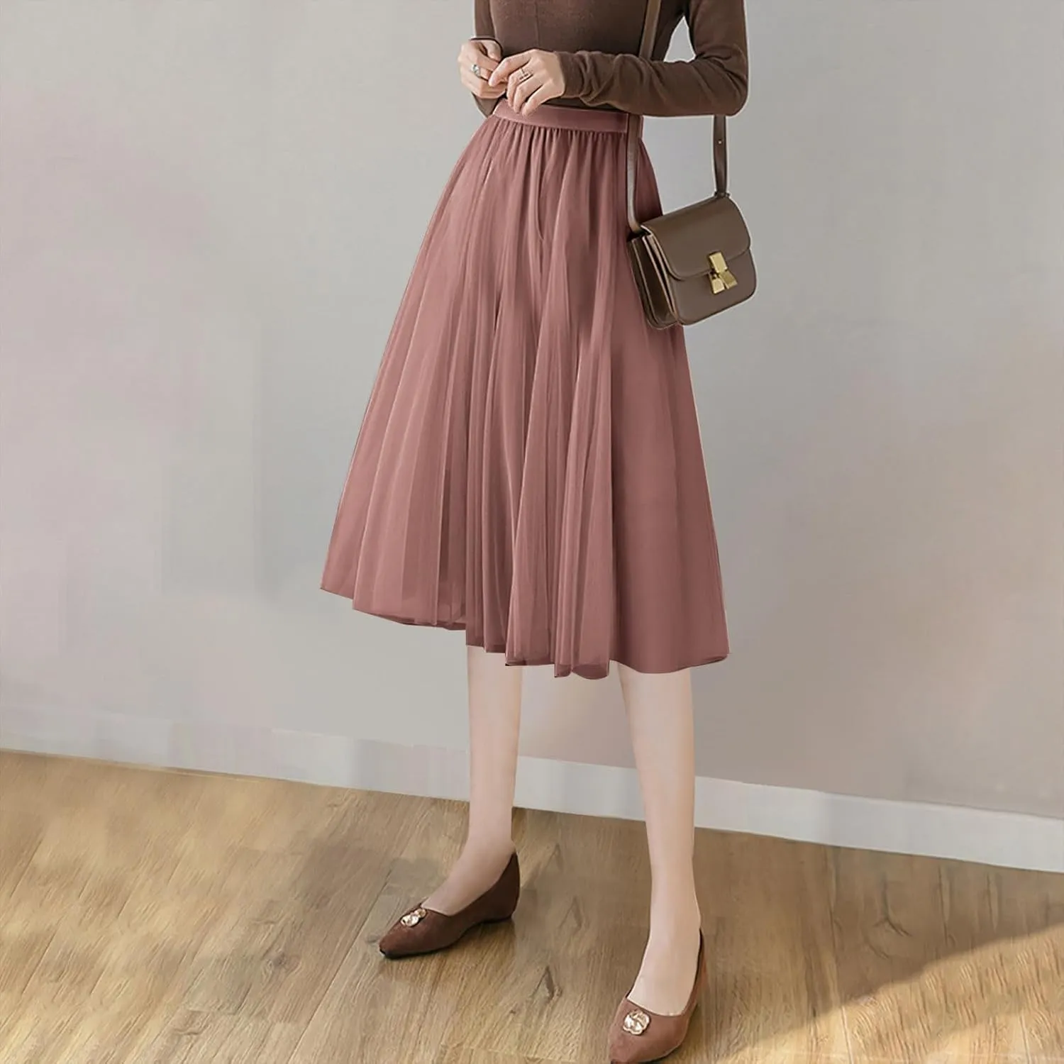 HGps8w Women's Layered Tulle Skirts Elastic High Waist Pleated Mesh Flowy A-Line Party Midi Long Dance Skirts