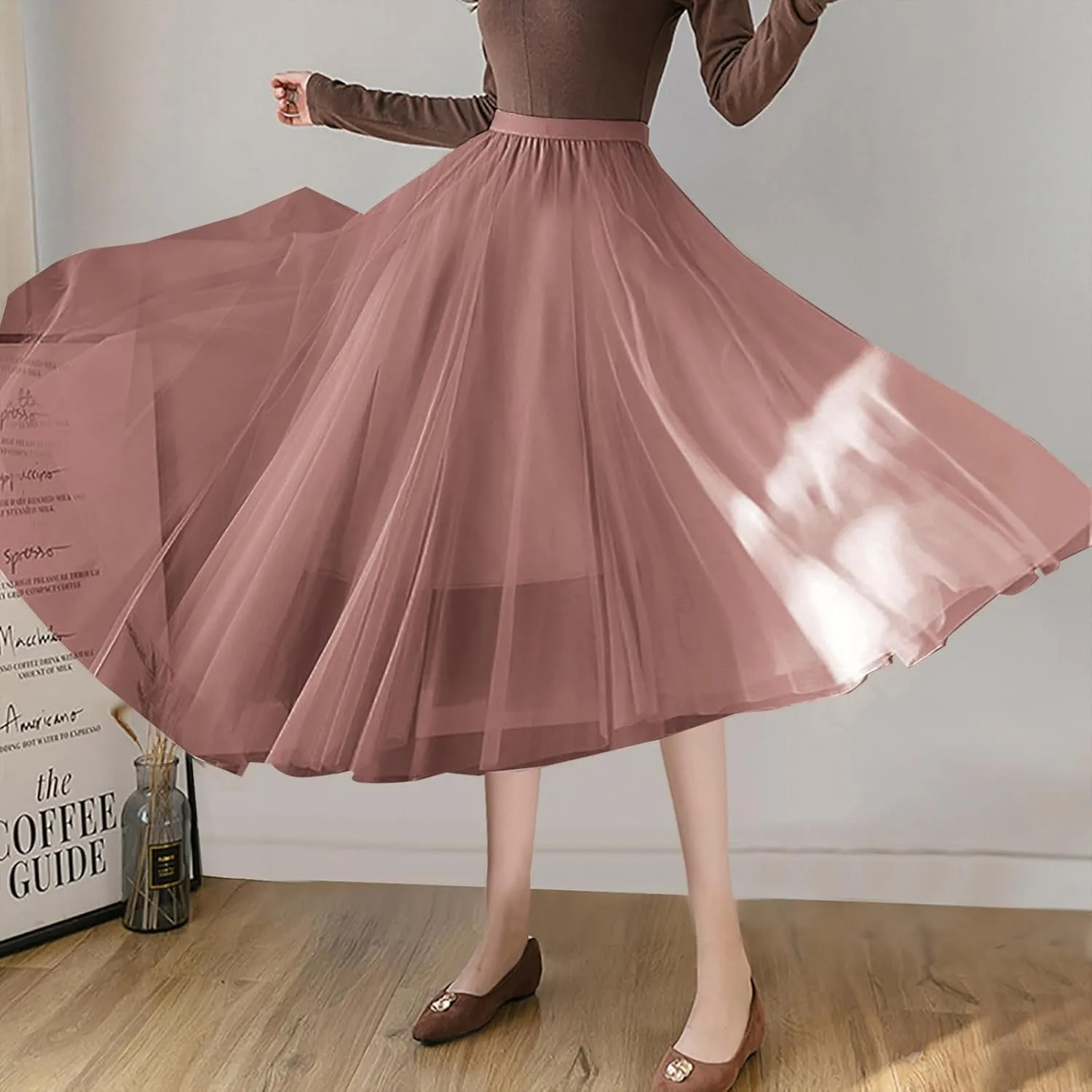 HGps8w Women's Layered Tulle Skirts Elastic High Waist Pleated Mesh Flowy A-Line Party Midi Long Dance Skirts
