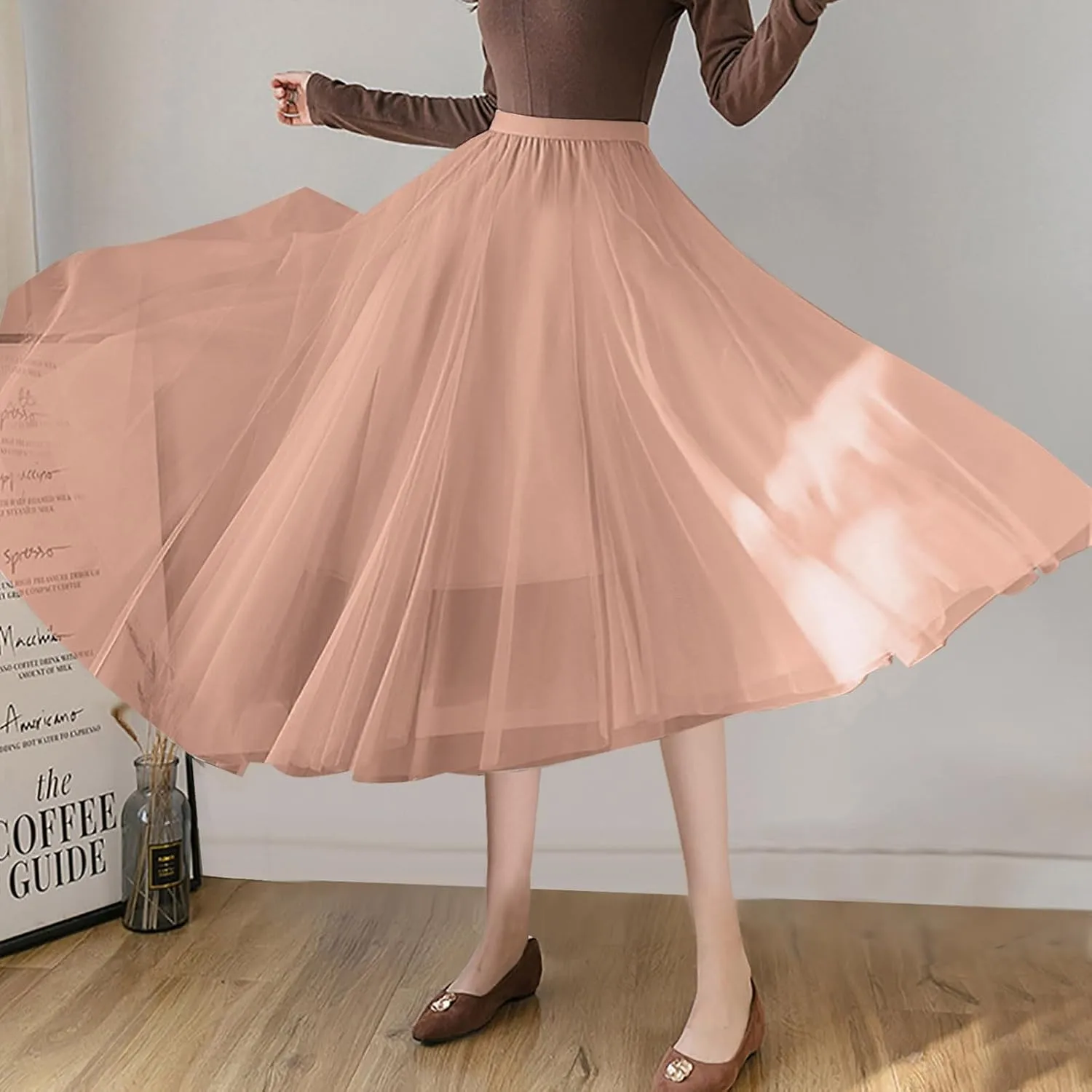 HGps8w Women's Layered Tulle Skirts Elastic High Waist Pleated Mesh Flowy A-Line Party Midi Long Dance Skirts