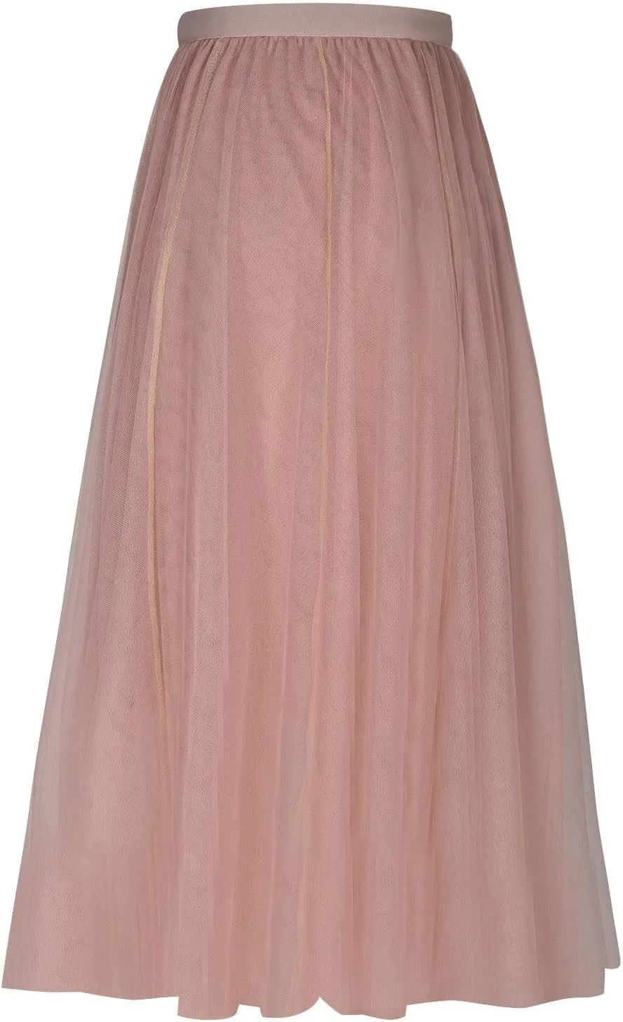 HGps8w Women's Layered Tulle Skirts Elastic High Waist Pleated Mesh Flowy A-Line Party Midi Long Dance Skirts