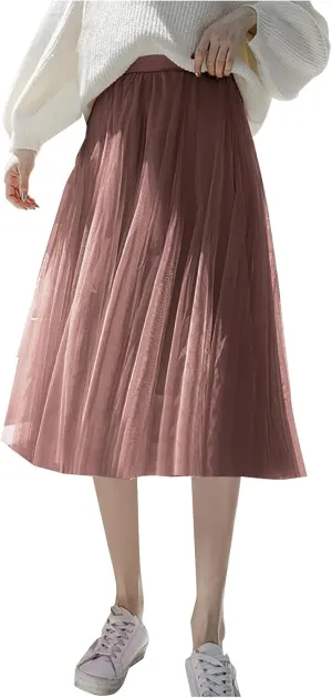 HGps8w Women's Layered Tulle Skirts Elastic High Waist Pleated Mesh Flowy A-Line Party Midi Long Dance Skirts