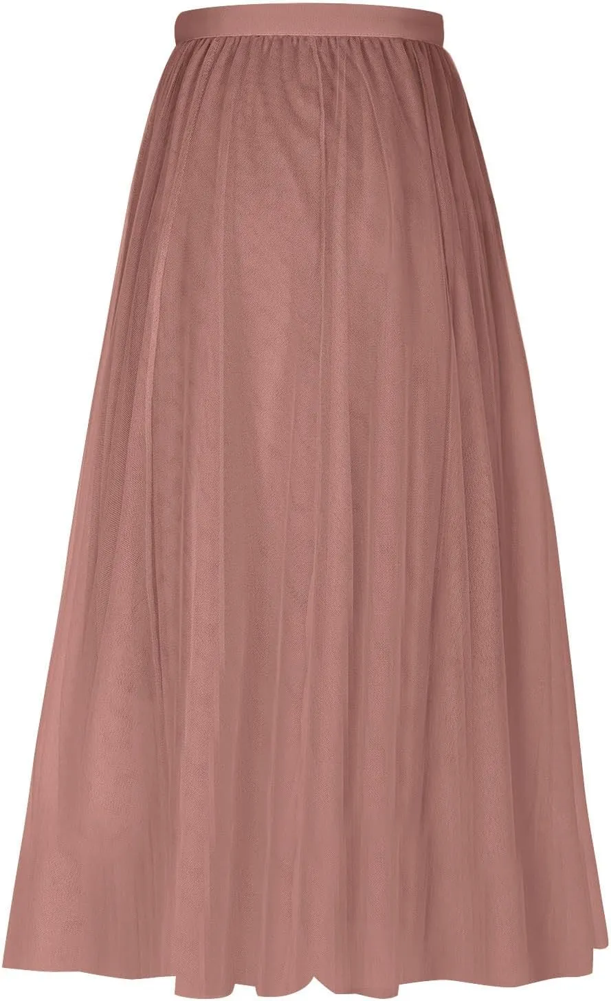 HGps8w Women's Layered Tulle Skirts Elastic High Waist Pleated Mesh Flowy A-Line Party Midi Long Dance Skirts