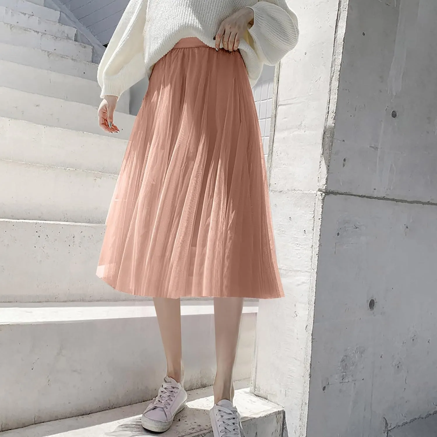 HGps8w Women's Layered Tulle Skirts Elastic High Waist Pleated Mesh Flowy A-Line Party Midi Long Dance Skirts