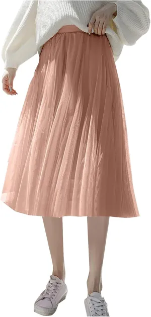 HGps8w Women's Layered Tulle Skirts Elastic High Waist Pleated Mesh Flowy A-Line Party Midi Long Dance Skirts